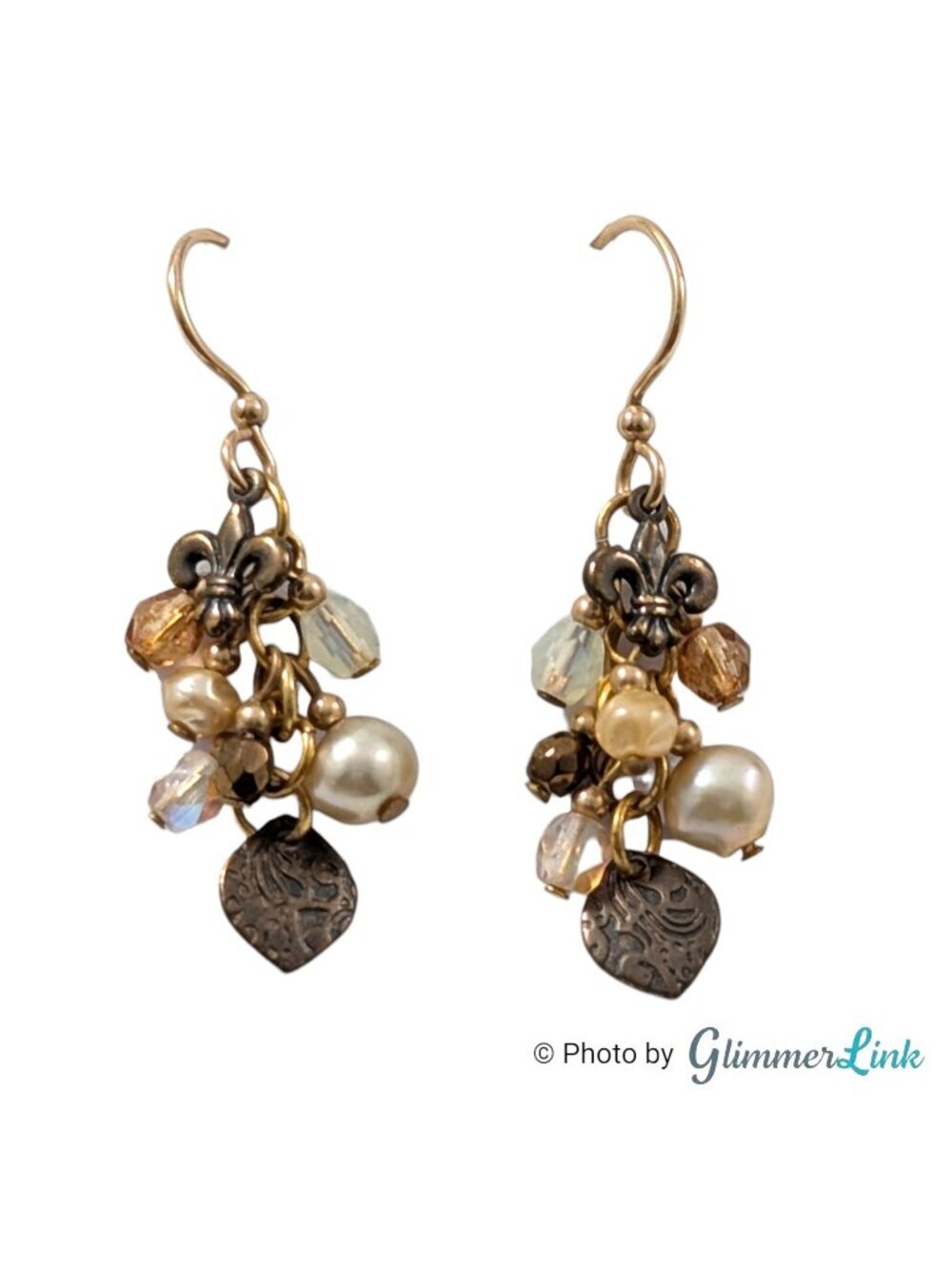 Fleur De Lis Faux Pearl Beaded Cluster Dangle Gold Tone Earrings